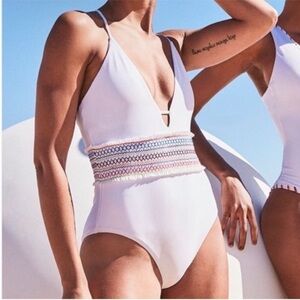 Bar III Women's Smocked White One-Piece Swimsuit